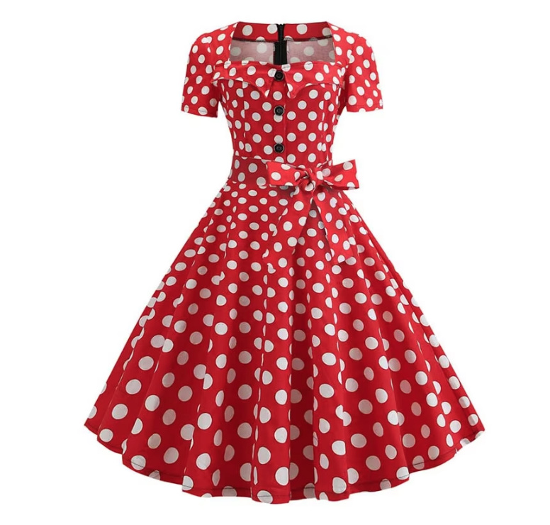 A Linie 50er Rockabilly Kleid Knielang mit Ärmel in Rot&nbsp;Gepunktet
