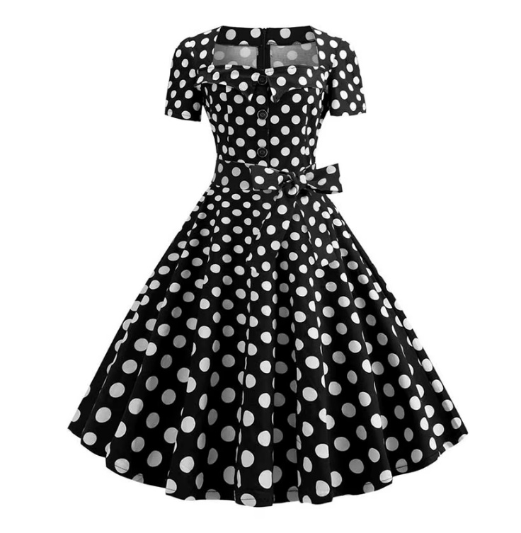 A Linie 50er Rockabilly Kleid Knielang mit Ärmel in Schwarz&nbsp;Gepunktet