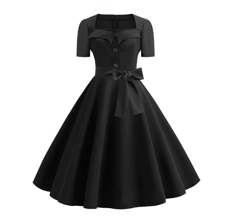 A Linie 50er Rockabilly Kleid Knielang mit Ärmel in&nbsp;Schwarz