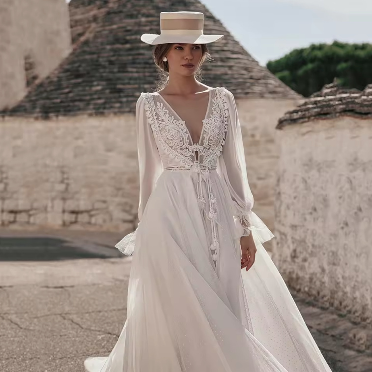 A Linie Langarm Chiffon Boho Brautkleid Ernestine mit V Ausschnitt und&nbsp;Spitze