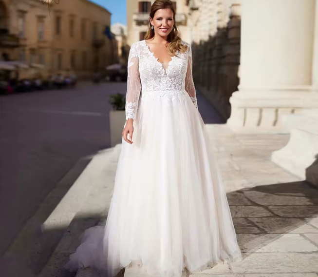 A Linie Plus Size Brautkleid Caio mit Ärmeln aus Spitze V Ausschnitt und&nbsp;Tüll