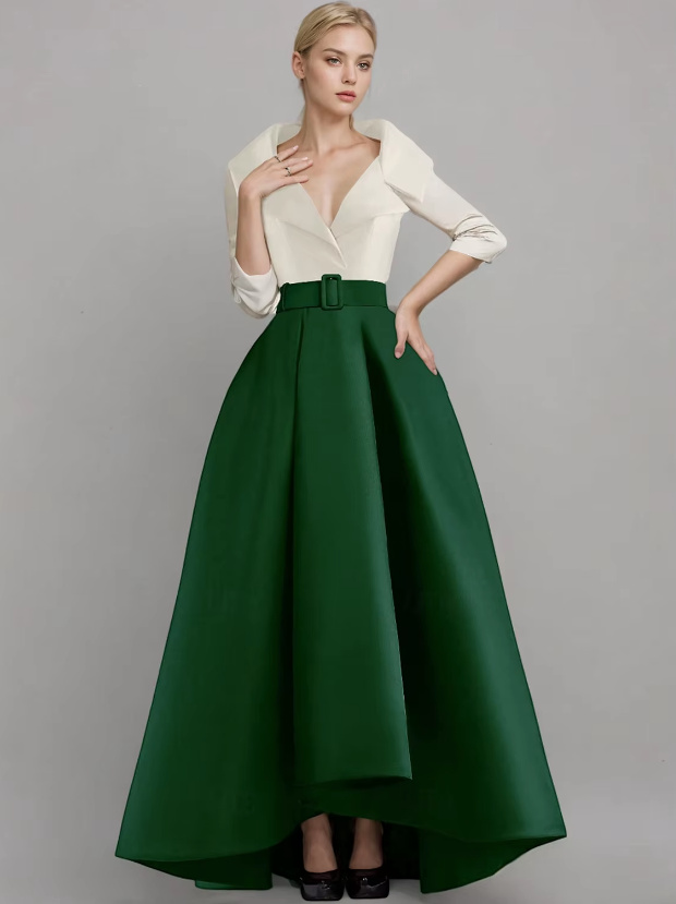 A Linie Satin Kleid Franka Elegant für Hochzeitsgäste in Grün Weiß mit V&nbsp;Ausschnitt