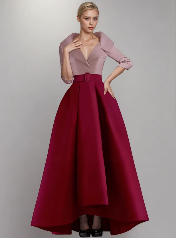 A Linie Satin Kleid Franka Elegant für Hochzeitsgäste in Rot Lachs mit V&nbsp;Ausschnitt