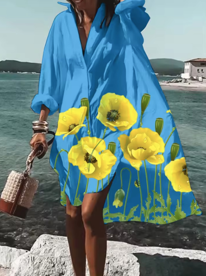 A Linie Sommer Maxi Strandkleid in Blau mit&nbsp;Mohnblume
