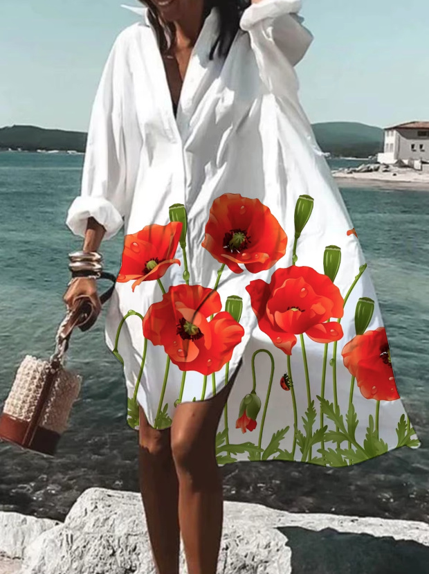A Linie Sommer Maxi Strandkleid in Weiß mit&nbsp;Mohnblume