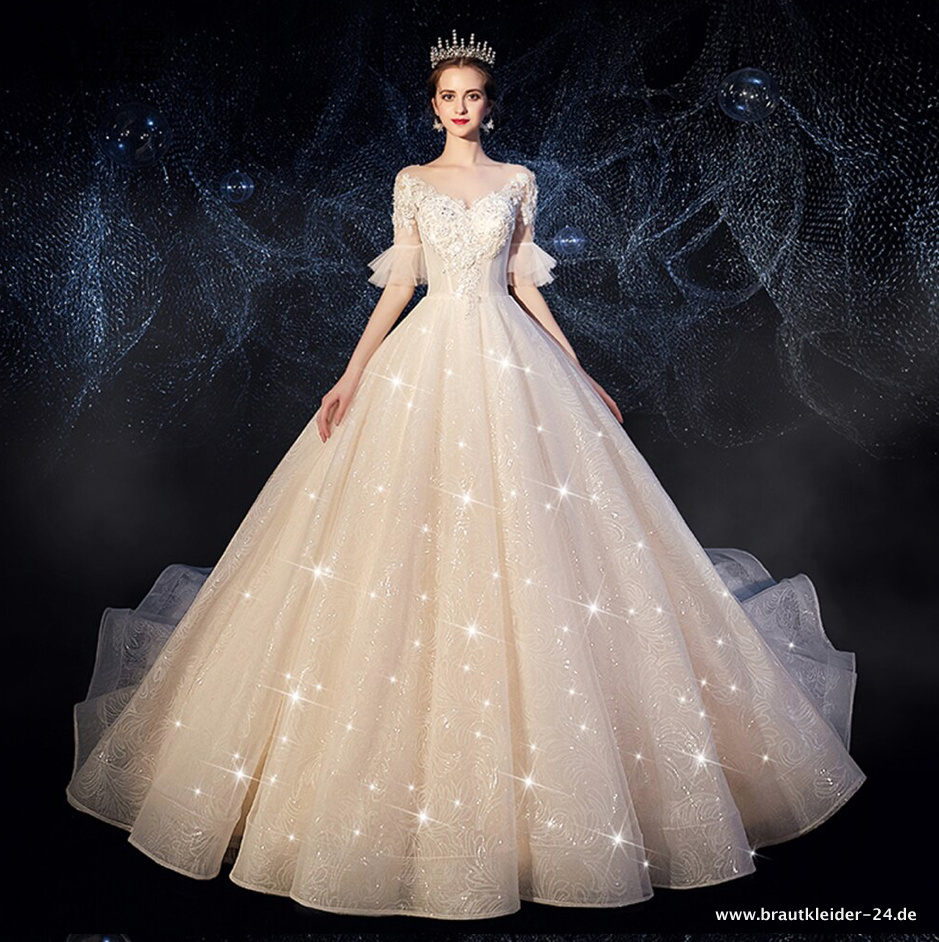 Ball Linie Brautkleid Nena mit Ärmel Schleppe und Perlen in&nbsp;Elfenbein