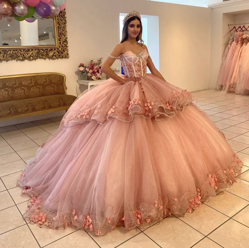 Ball Linie Quinceanera Brautkleid Elina Schulterfrei in Altrosa mit&nbsp;Blumen