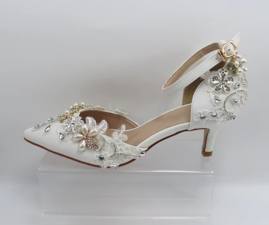 Braut Pumps Heel Hochzeitsschuhe mit Strass Perlen und&nbsp;Knöchelriemen