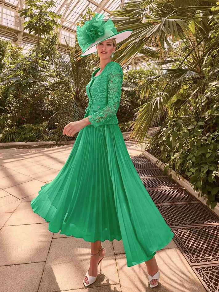 Brautmutter Outfit Estelle A Linie Plissee Kleid mit Bolero Jacke aus Spitze in&nbsp;Grün