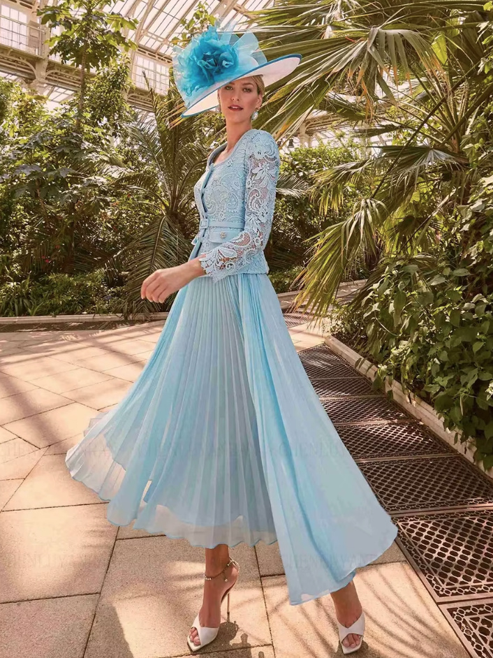 Brautmutter Outfit Estelle A Linie Plissee Kleid mit Bolero Jacke aus Spitze in&nbsp;Hellblau