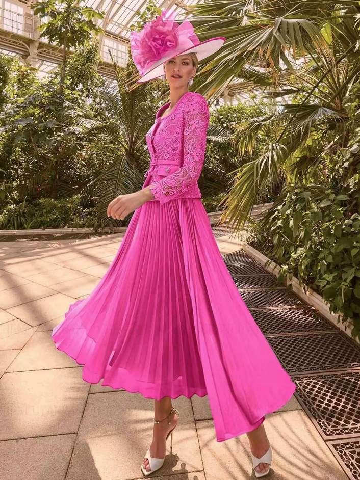 Brautmutter Outfit Estelle A Linie Plissee Kleid mit Bolero Jacke aus Spitze in&nbsp;Pink