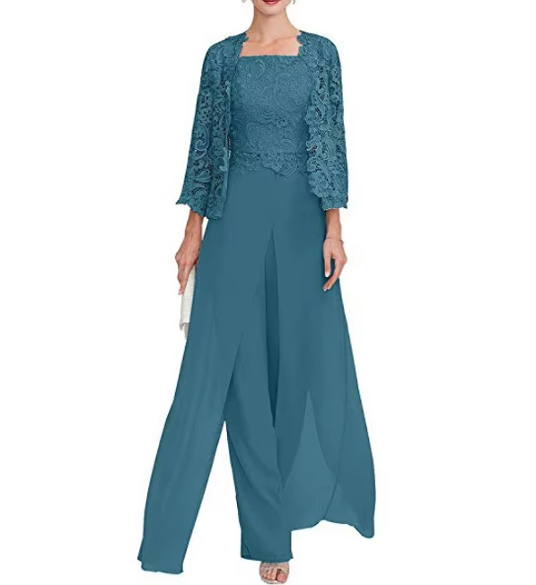 Chiffon Brautmutter Outfit Dreiteilig mit Bolero Jacke aus Spitze in&nbsp;Blau