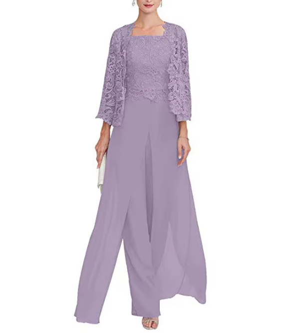Chiffon Brautmutter Outfit Dreiteilig mit Bolero Jacke aus Spitze in&nbsp;Flieder