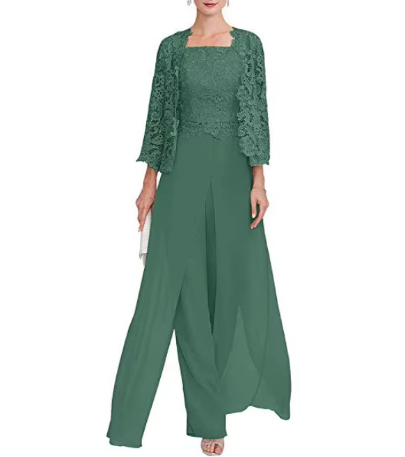 Chiffon Brautmutter Outfit Dreiteilig mit Bolero Jacke aus Spitze in&nbsp;Grün