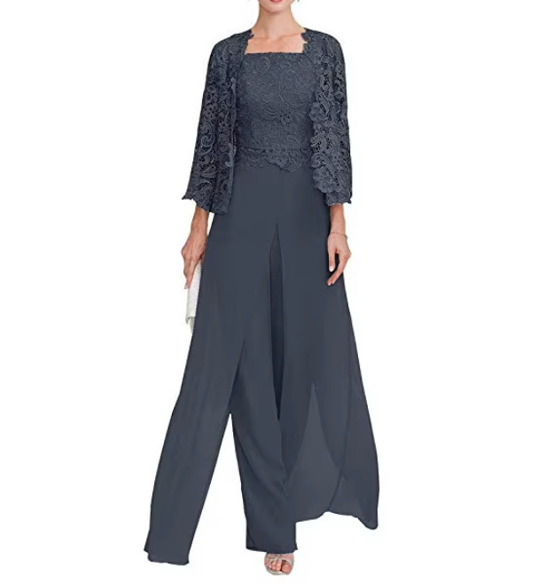 Chiffon Brautmutter Outfit Dreiteilig mit Bolero Jacke aus Spitze in&nbsp;Schwarz