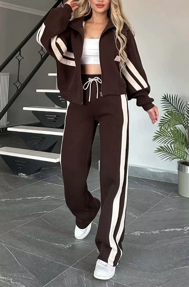 Damen Freizeitanzug Destiny Dunkelbraun Gestreift mit Zipper&nbsp;Hoodie