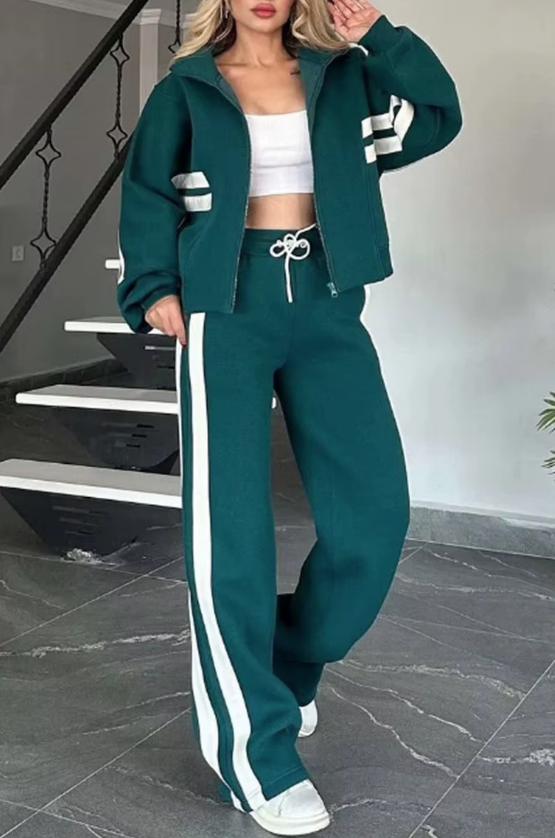 Damen Freizeitanzug Destiny Dunkelgrün Gestreift mit Zipper&nbsp;Hoodie