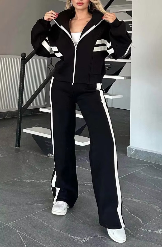 Damen Freizeitanzug Destiny Schwarz Gestreift mit Zipper&nbsp;Hoodie