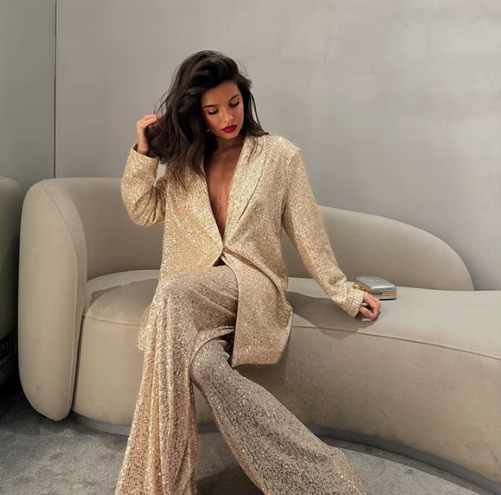  Damen Outfit Glitzer Pailletten Zweiteiler Elegant und Festlich in&nbsp;Gold