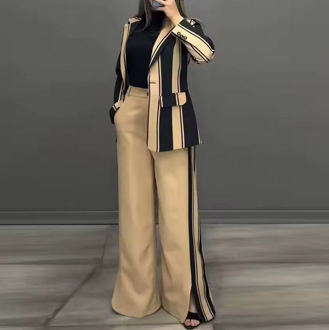 Eleganter Patchwork Hosenanzug in A Linie Gestreift Ivory&nbsp;Schwarz