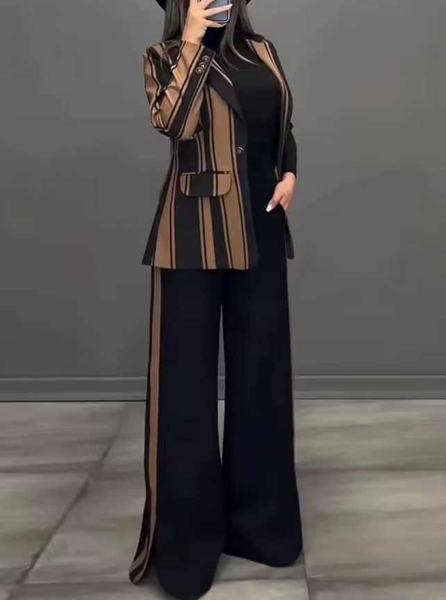 Eleganter Patchwork Hosenanzug in A Linie Gestreift Schwarz&nbsp;Braun