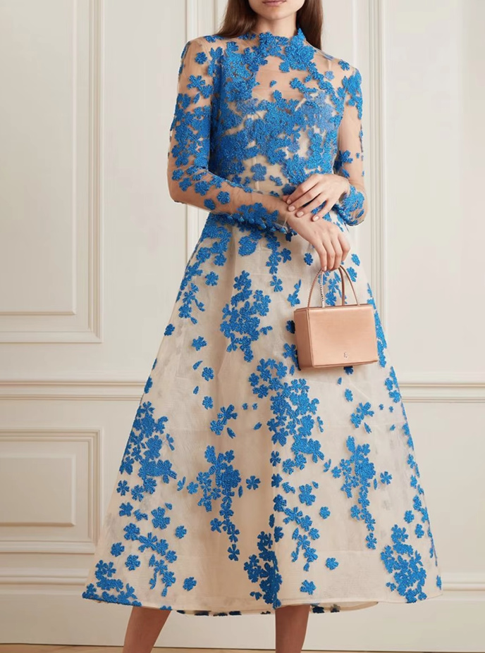 Elegantes A Linie Langarm Kleid Wadenlang mit&nbsp;Blumen