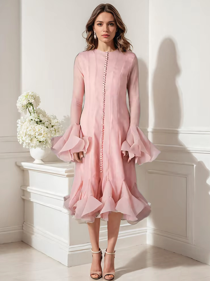 Elegantes Chiffon Maxi Kleid in Rosa mit Trompeten&nbsp;Ärmel