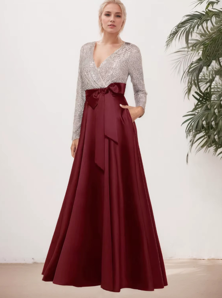 Empire Langarm Glitzer Kleid Caitlin Elegant für Hochzeitsgäste in Rot&nbsp;Silber