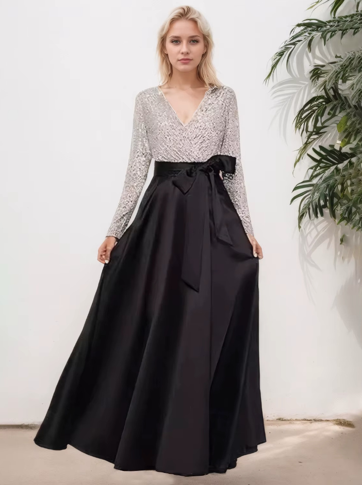 Empire Langarm Glitzer Kleid Caitlin Elegant für Hochzeitsgäste in Schwarz&nbsp;Silber