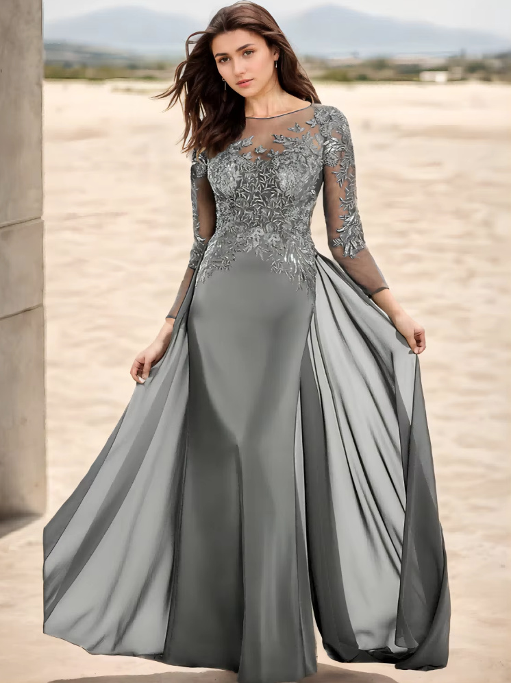 Fit and Flare Brautmutterkleid Elenor in Silber mit Ärmeln aus&nbsp;Spitze