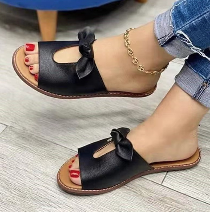 Flache PU Leder Sommerschuhe Schwarz mit&nbsp;Schleife