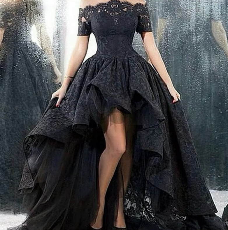 Gothic Style A Linie Vokuhila Brautkleid Fabrice Schulterfrei in Schwarz