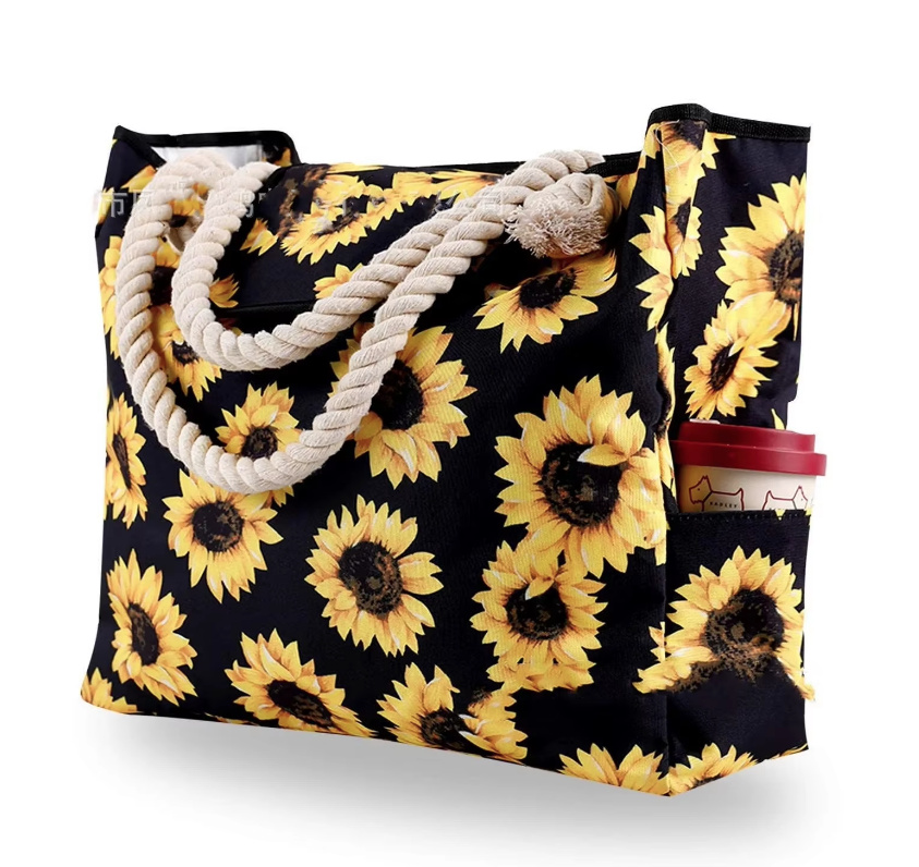 Große Strandtasche Wallis Schwarz mit&nbsp;Sonnenblumen
