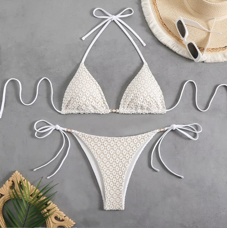 Halterneck Bikini Wisgard mit Hohe Taille und Perlen&nbsp;Ivory