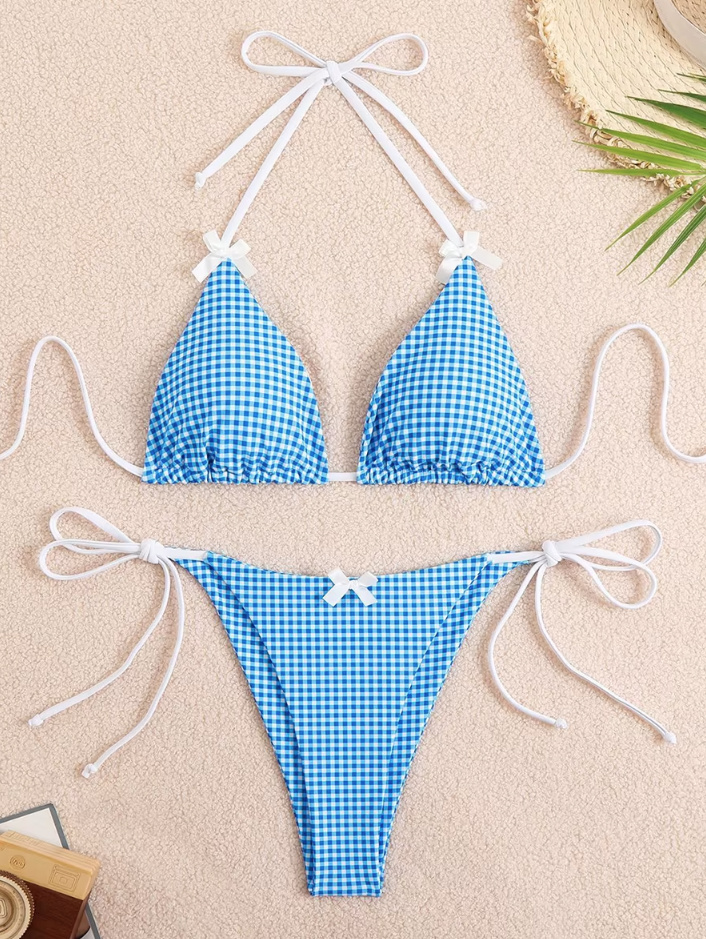 Halterneck Retro Style Bikini Xezal Hellblau Weiß&nbsp;Kariert