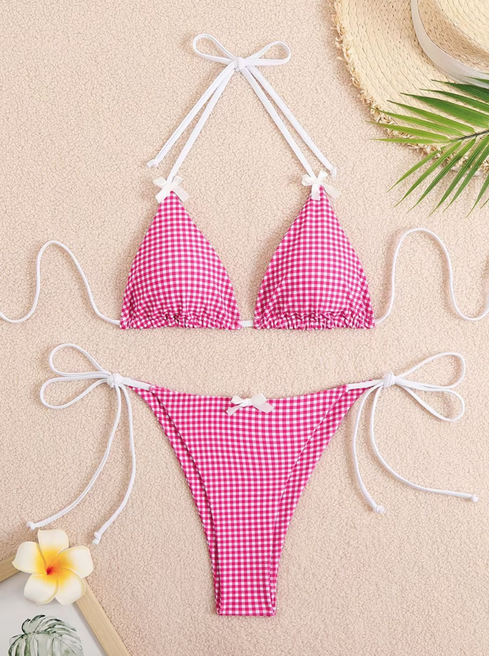 Halterneck Retro Style Bikini Xezal Pink Weiß&nbsp;Kariert