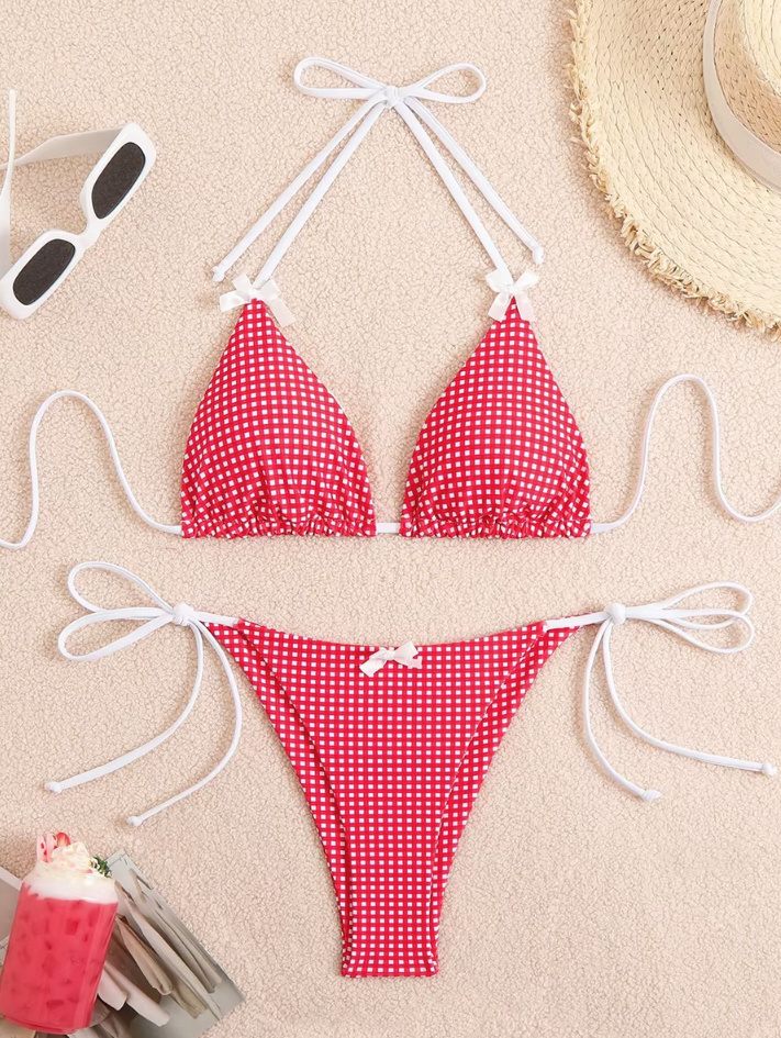 Halterneck Retro Style Bikini Xezal Rot Weiß&nbsp;Kariert