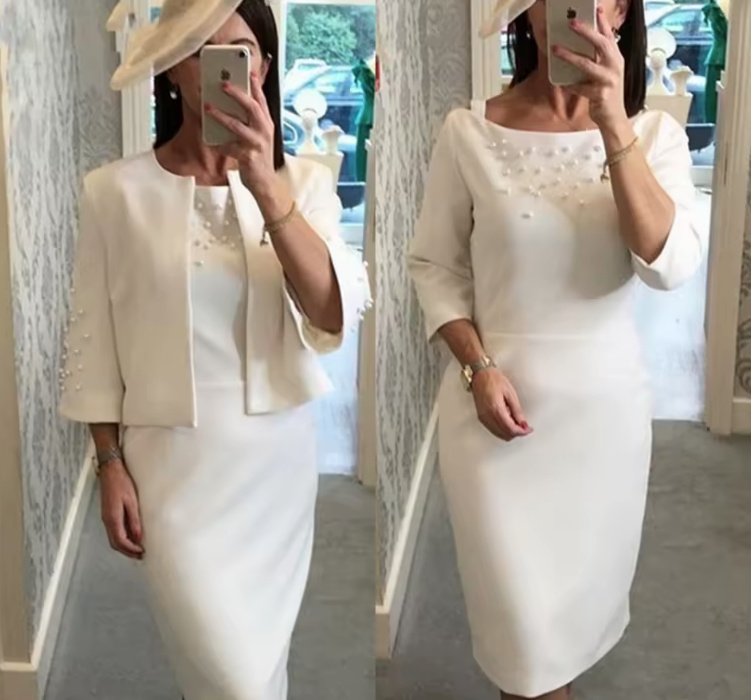 I Linie Brautmutterkleid Fenja Knielang in Weiß mit Bolero&nbsp;Jacke