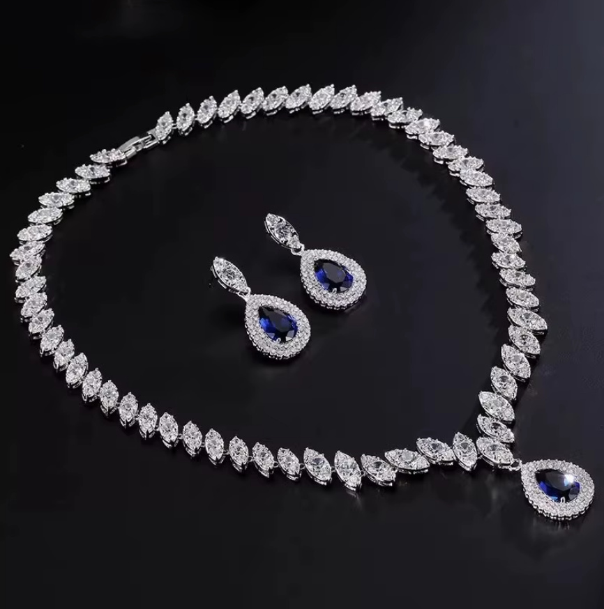 Kristall Brautschmuck Set Femke Halskette mit Ohrringe Silber&nbsp;Blau