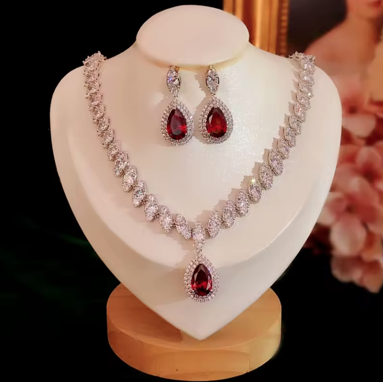 Kristall Brautschmuck Set Femke Halskette mit Ohrringe Silber&nbsp;Rot