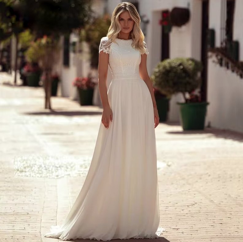 Kurzarm A Linie Brautkleid Cathleen mit Spitze&nbsp;Bodenlang