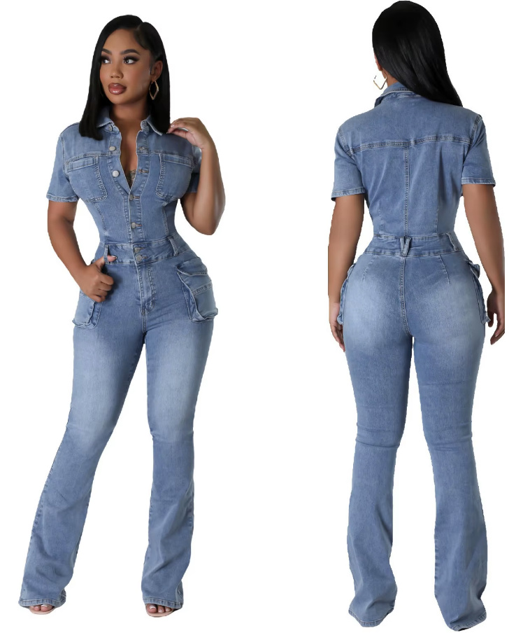 Kurzarm Bodycon Stretch Jeans Overall Jumpsuit Einteiler Daniekje&nbsp;Hellblau