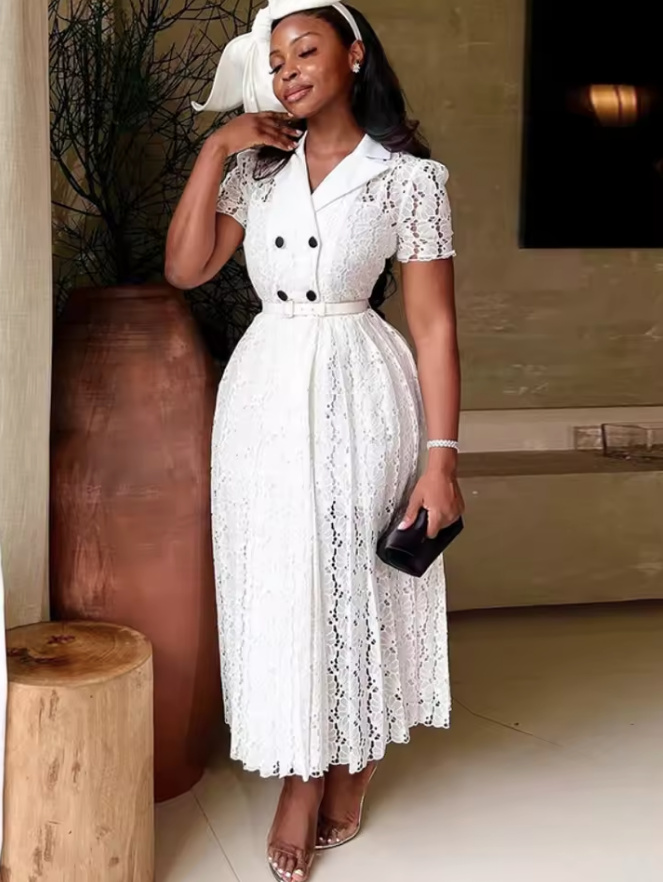 Kurzarm Vintage Style Standesamtkleid aus Spitze&nbsp;Wadenlang