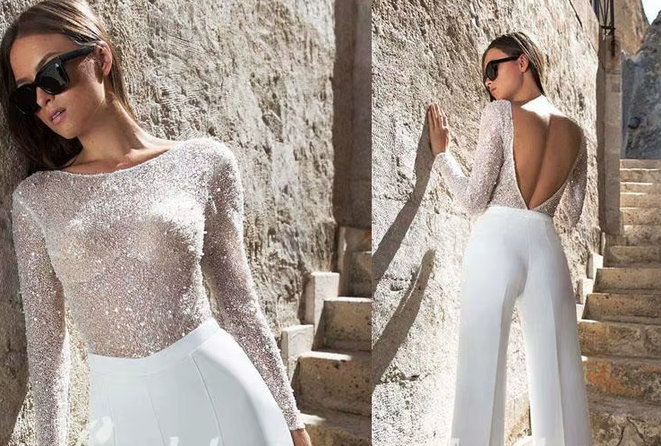 Langarm Pailletten Braut Einteiler Jumpsuit Caitriona für den Standesamt mit Rückenausschnitt