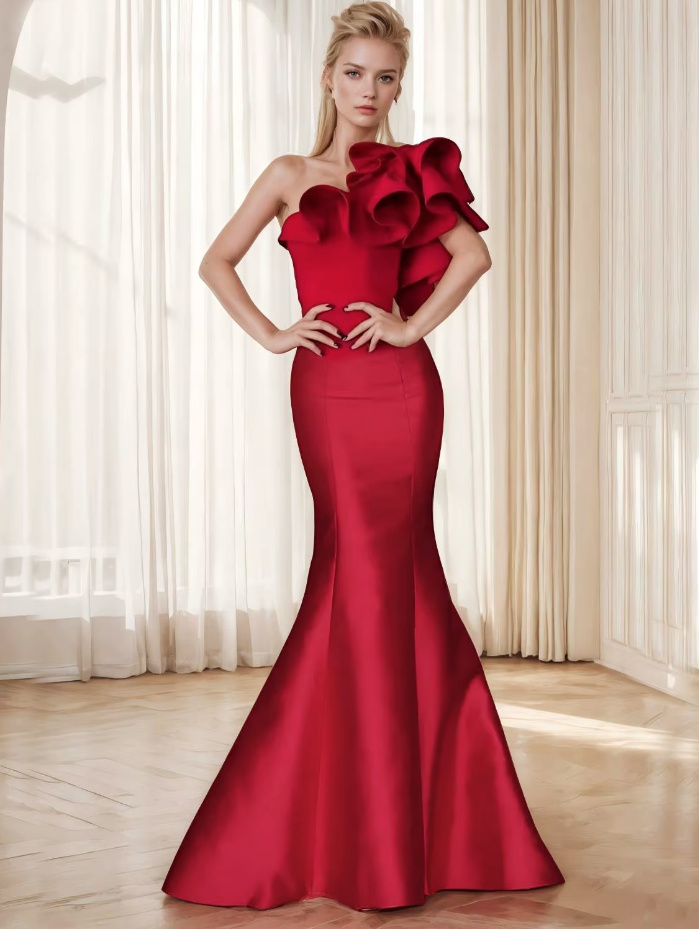 One Shoulder Meerjungfrau Kleid Cordula Elegant für Hochzeitsgäste in&nbsp;Rot