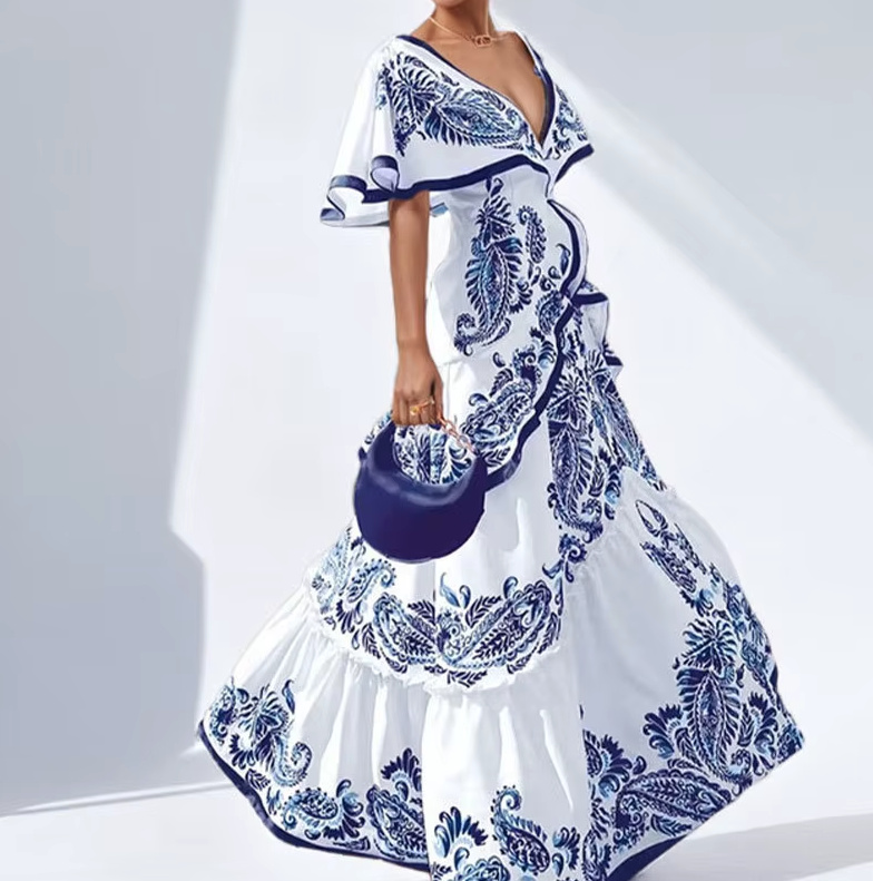 Patchwork Maxi Sommerkleid Lang Elegant in Weiß&nbsp;Dunkelblau