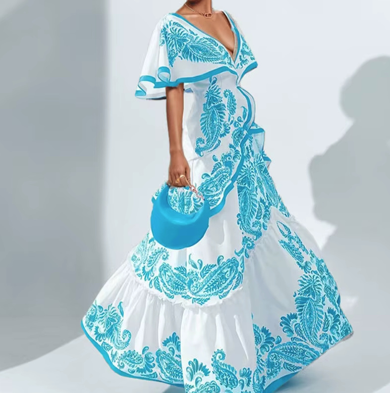 Patchwork Maxi Sommerkleid Lang Elegant in Weiß&nbsp;Hellblau