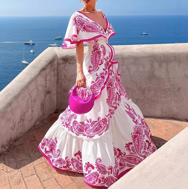 Patchwork maxi Sommerkleid Lang Elegant in Weiß&nbsp;Pink