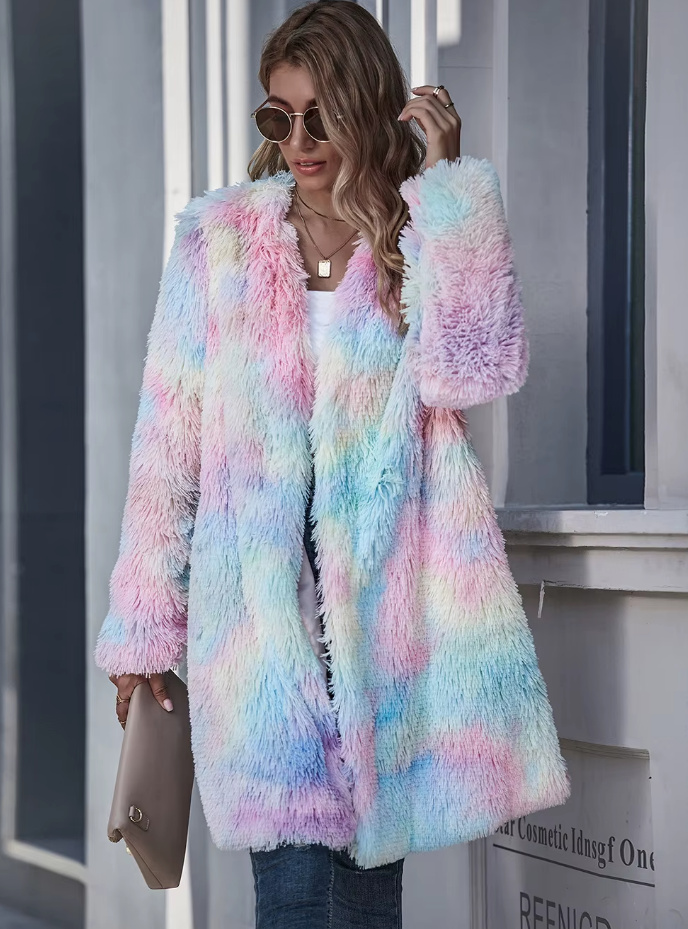 Plüsch Teddy Regenbogen Jacke für Damen&nbsp;Knielang