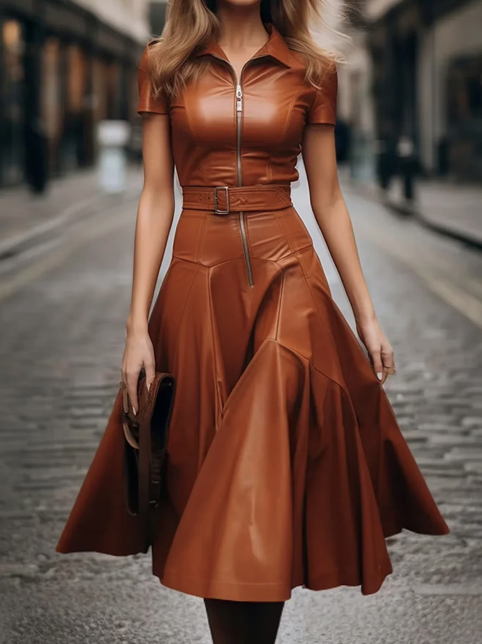 PU Leder A Linie Kleid Wadenlang Elegant in&nbsp;Braun